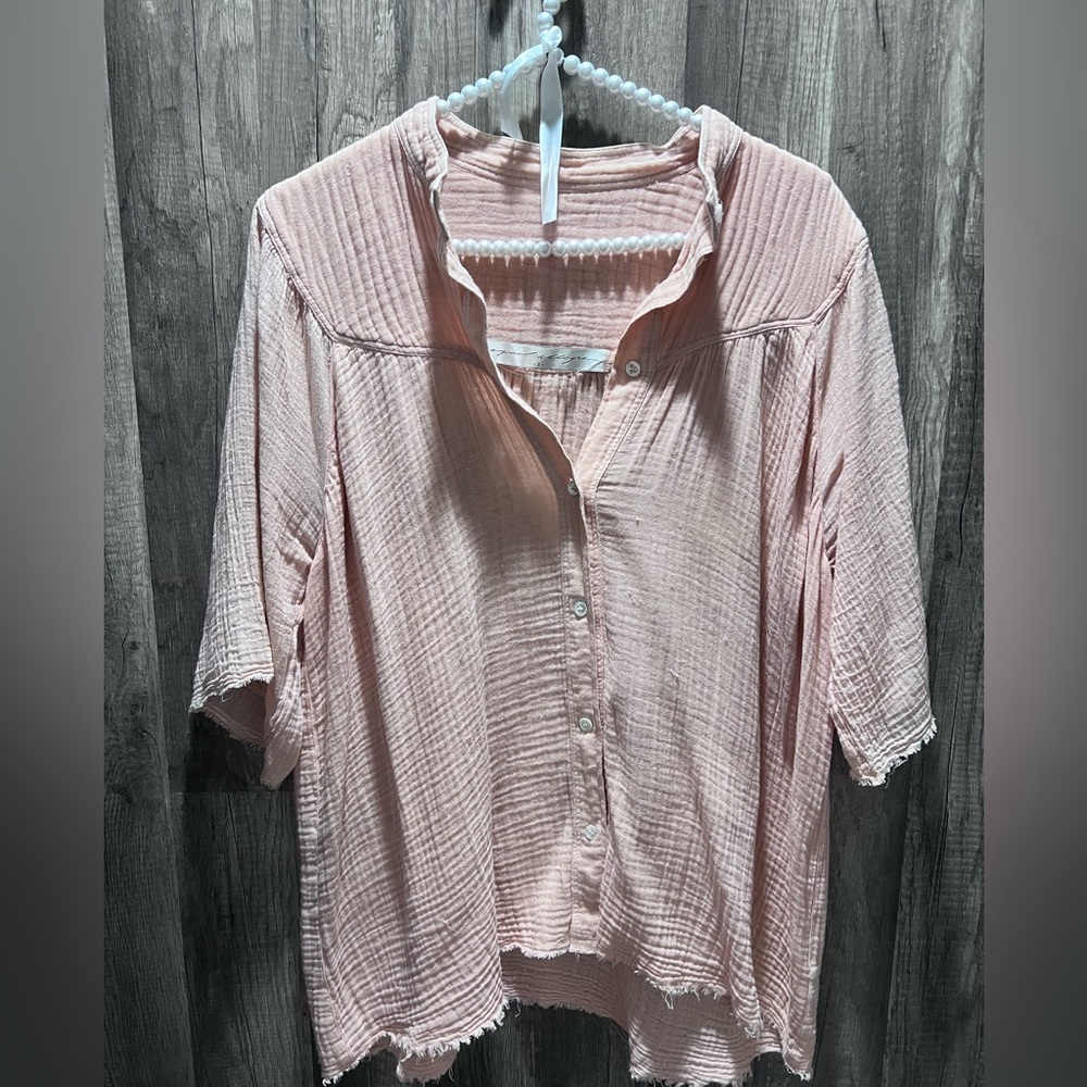 Raquel Allegra Light Pink Button-Down Shirt Womens size large 100% Cotten Linen - Picture 1 of 5